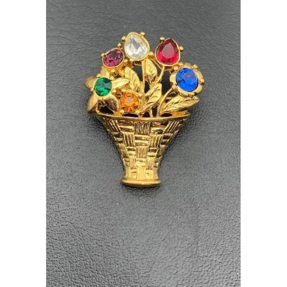 Vintage Monet Flower Basket Gold Tone Brooch Pin Multi Color Rhinestones